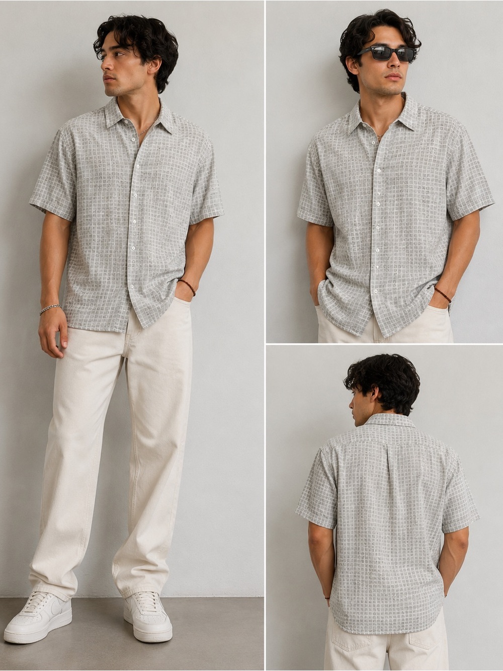 Vintage 90s Silk Blend Geometric Button Up Shirt Mens Large Gray Minimalist Y2K